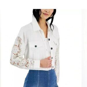 INC White Eyelet button front Blazer. Size Large crotchet detailing on sleeves